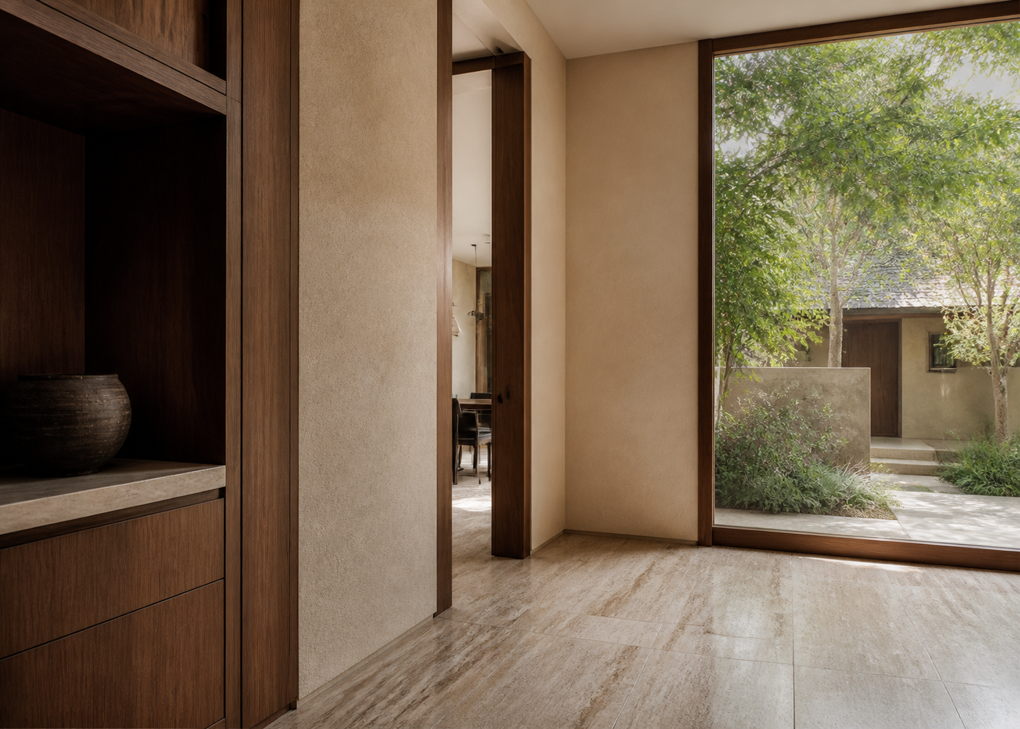 Travertine and textured plaster change character as the garden light moves.