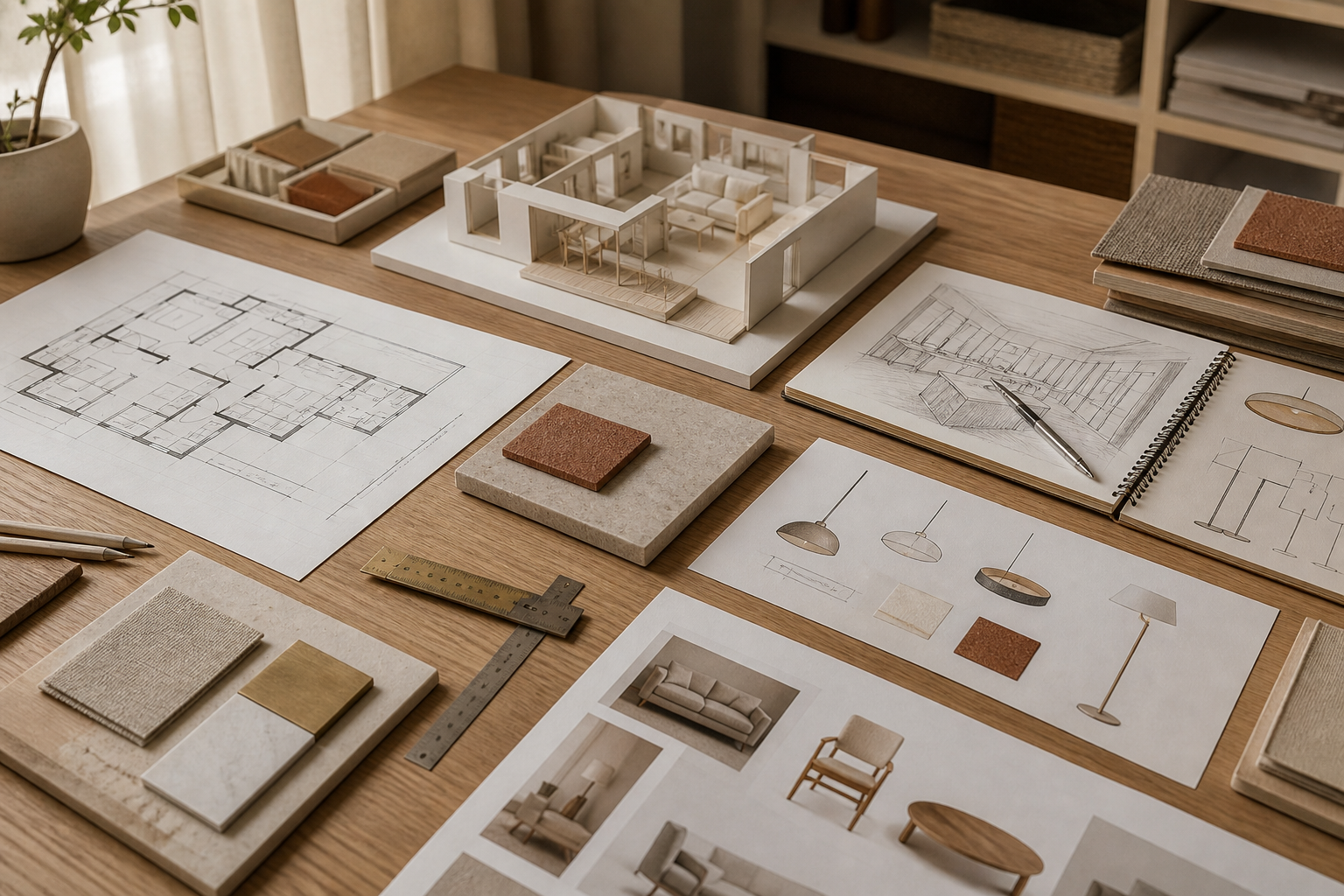 Complete interior project with plans, material samples, lighting studies, and a scale model