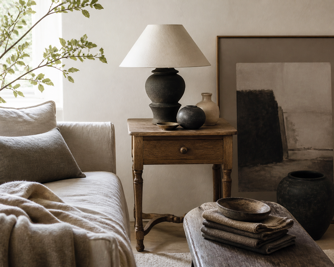 Collected living-room composition with linen, vintage oak, sculptural lighting, art, and ceramics